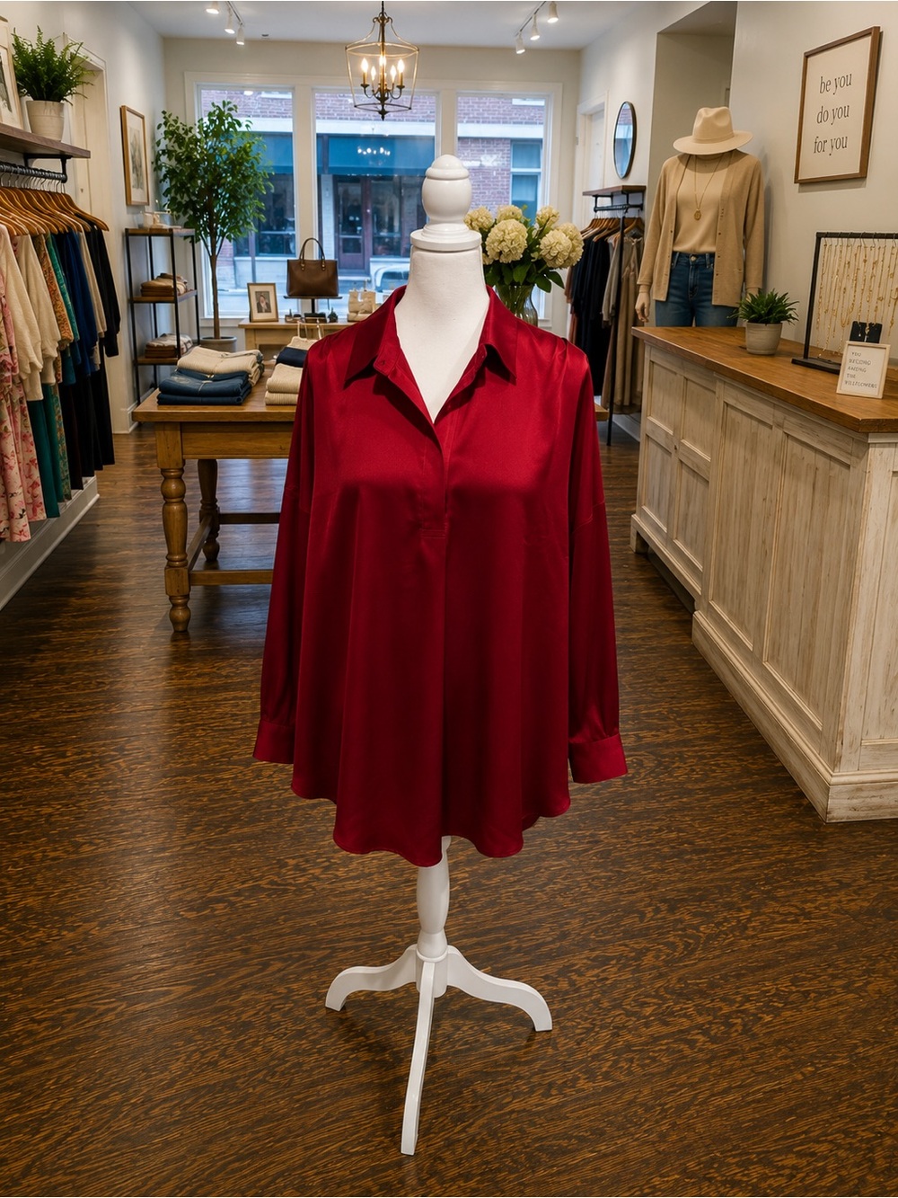 Ee:some Burgundy Silky Oversized Blouse Size Large Satin Polyester Relaxed Top